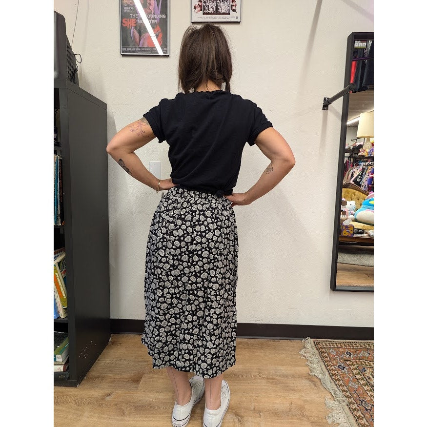 1990s B&W Floral Pleated Midi Skirt