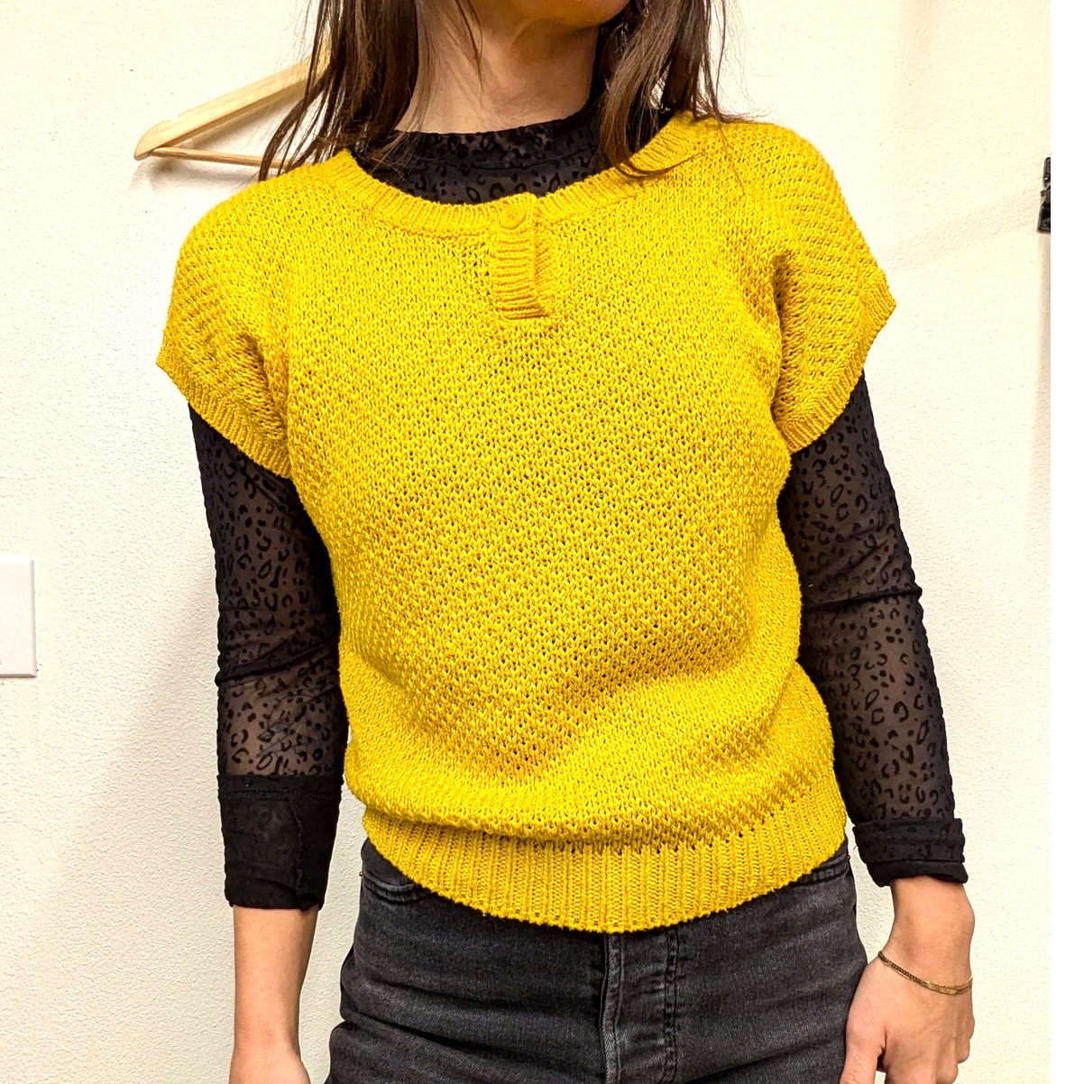 Vintage-Inspired Young Attitudes Yellow Knit Short Sleeve Sweater