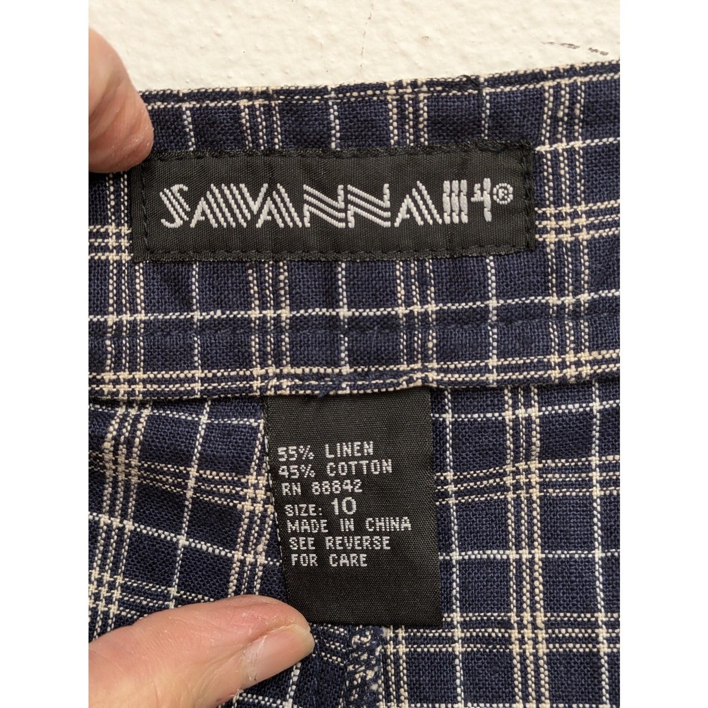 Vtg Savannah Blue Plaid Linen Blend Skort