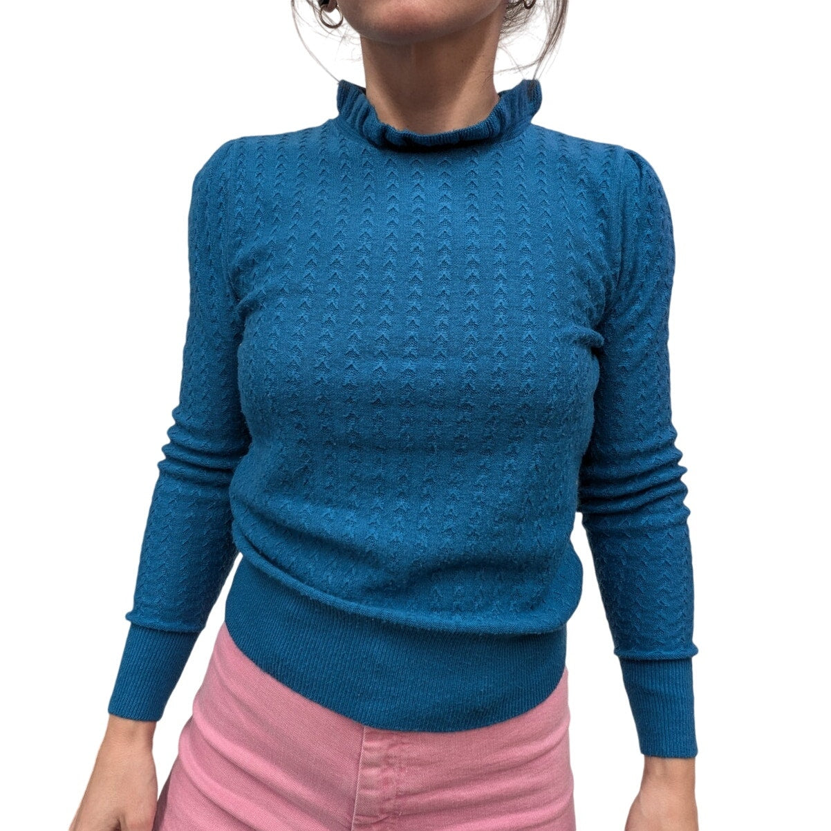 Vintage Blue Knit Sweater With Ruffle Collar