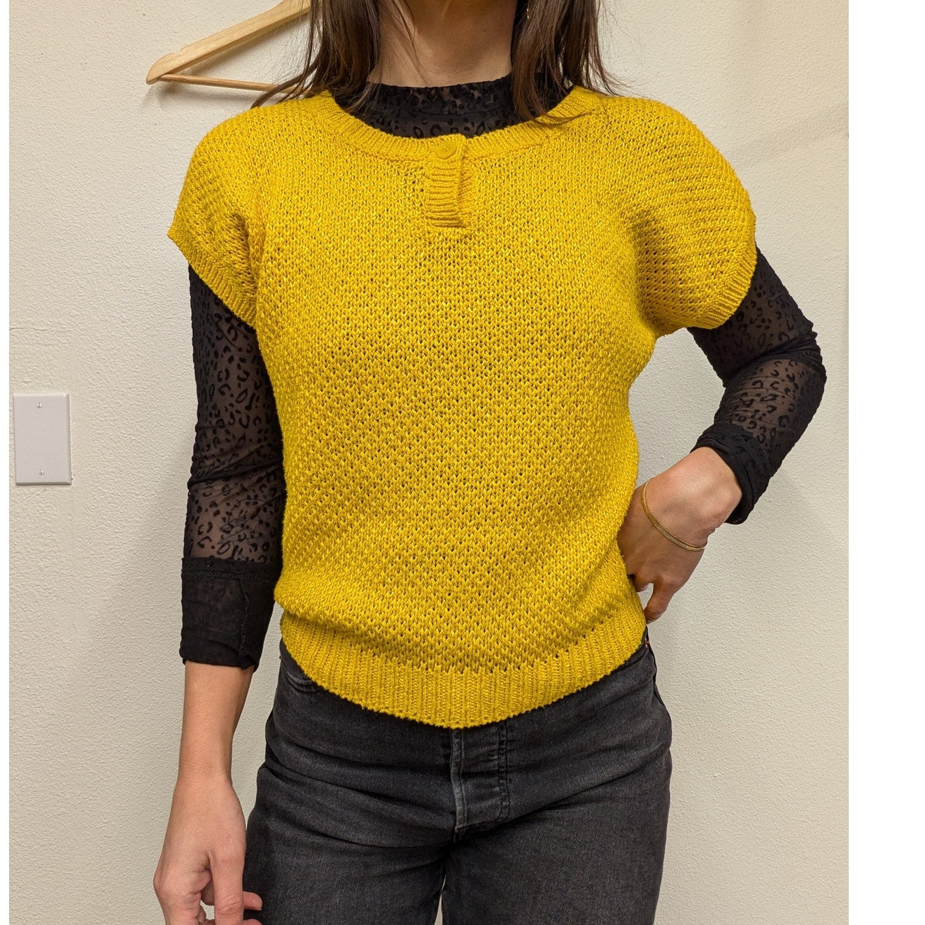 Vintage-Inspired Young Attitudes Yellow Knit Short Sleeve Sweater