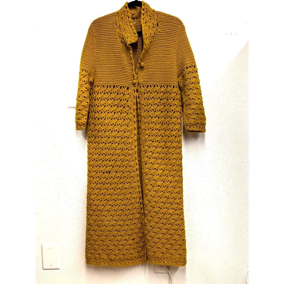 Vintage Hand-Crocheted Mustard Long Cardigan