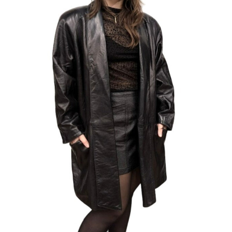 1980s Black Leather Maxima Trench Coat