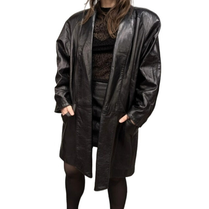 1980s Black Leather Maxima Trench Coat