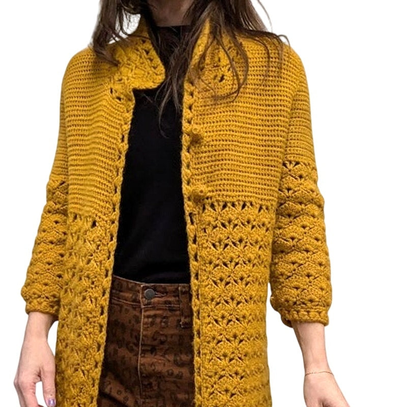 Vintage Hand-Crocheted Mustard Long Cardigan