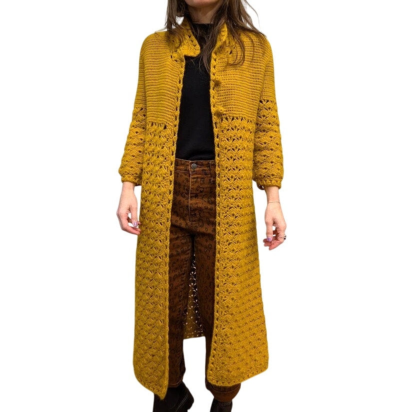 Vintage Hand-Crocheted Mustard Long Cardigan