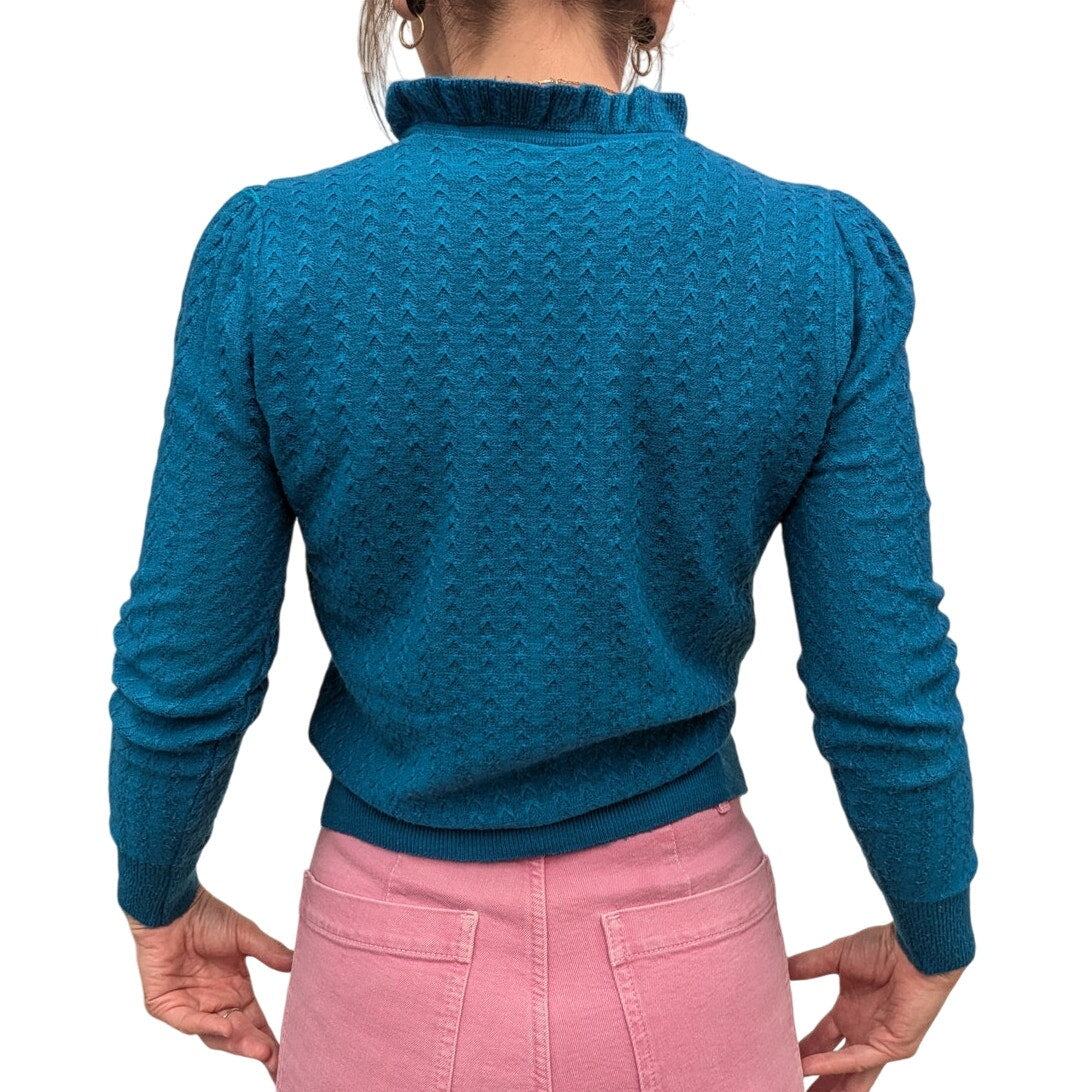 Vintage Blue Knit Sweater With Ruffle Collar