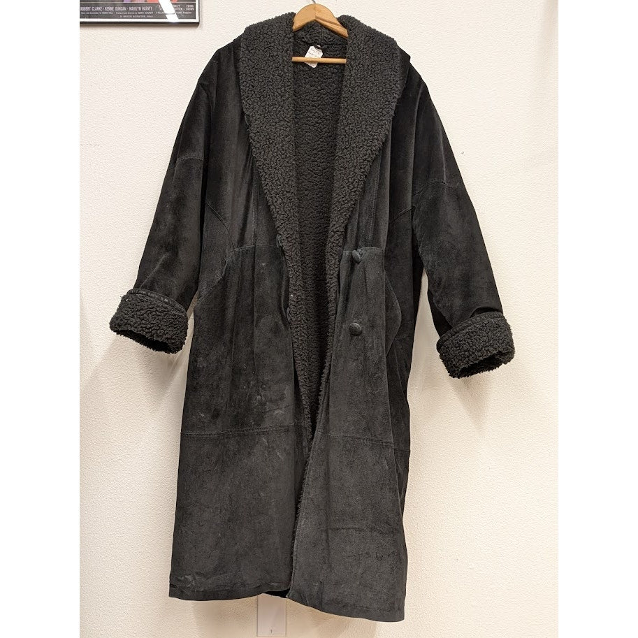 Vintage Black Suede Sherpa Lined Overcoat